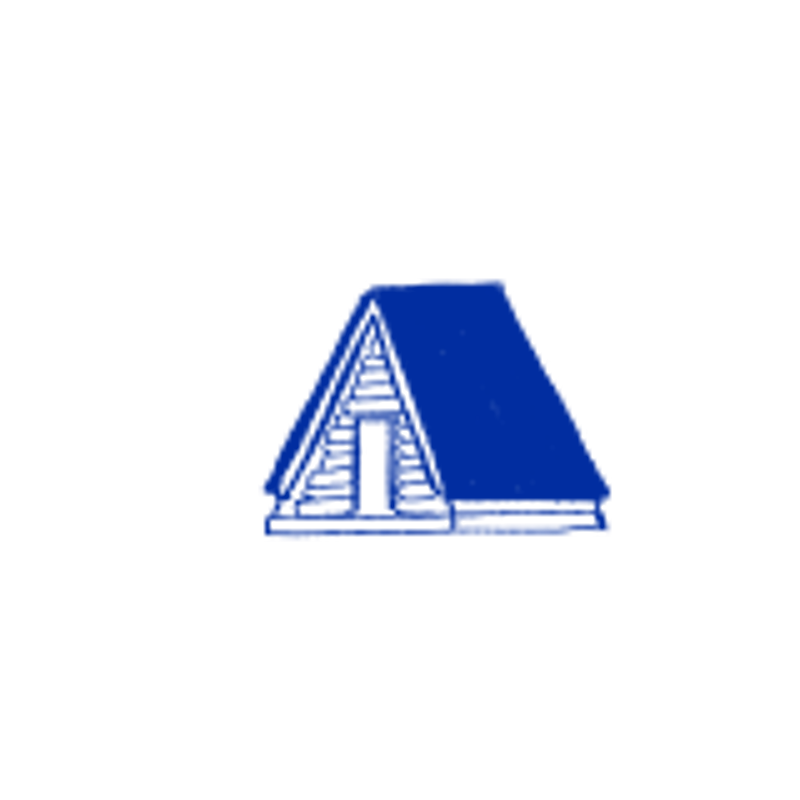 The image shows a simple, stylized drawing of an A-frame cabin or house, rendered in a solid blue color against a black background. The cabin has a sharply angled roof, a visible door, and some indication of siding or structural elements. The overall style is minimalist and graphic, emphasizing the shape and form of the cabin rather than detailed features.